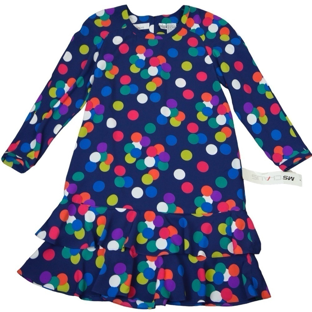 Vintage Ms Chaus Colorful Polka Dot Ruffle Hem Dress Mod Retro Size 6 NWT - Picture 2 of 11